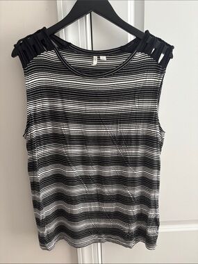 Cato Black and White Striped Sleeveless Tank with Ladder Shoulder Detail